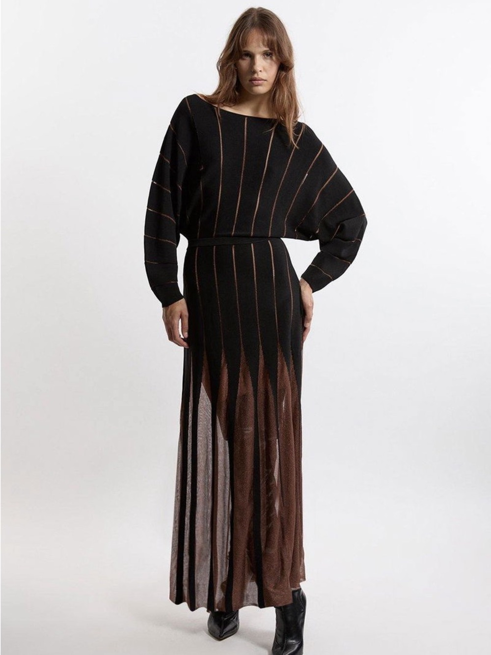 Karen Millen Rounded Sleeve Sheer Skirt Maxi Knit Dress